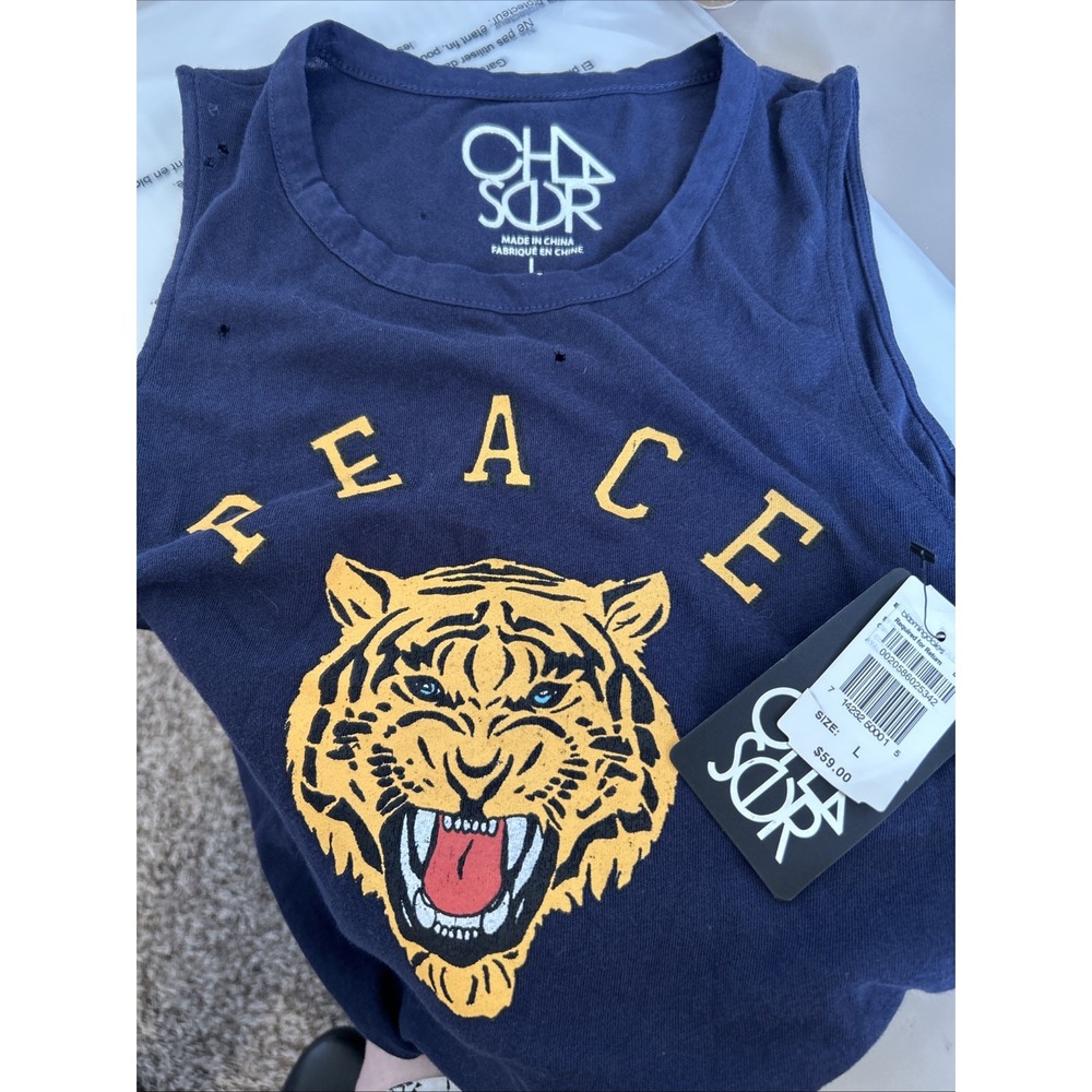 Distressed Navy Y2K Tank Top Tiger Peace Graphic Blue Chaser Skater Grunge Sport